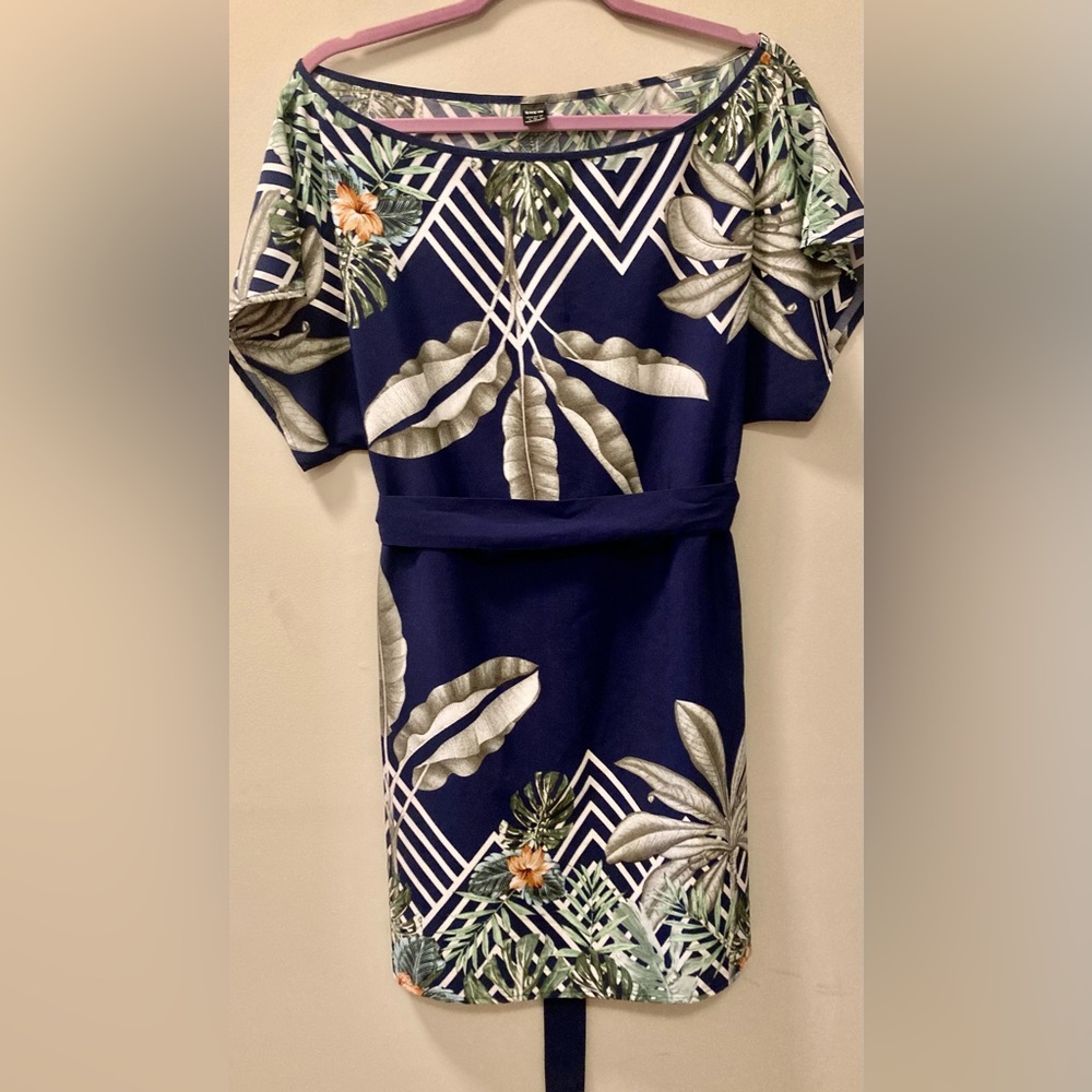 Blue floral, mini dress size small with Tie